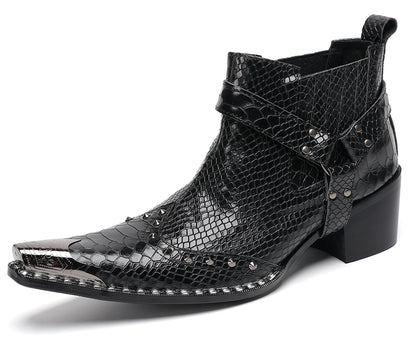 Mens Metallic Detail Snakeskin Abstract Print Ankle Western Boots