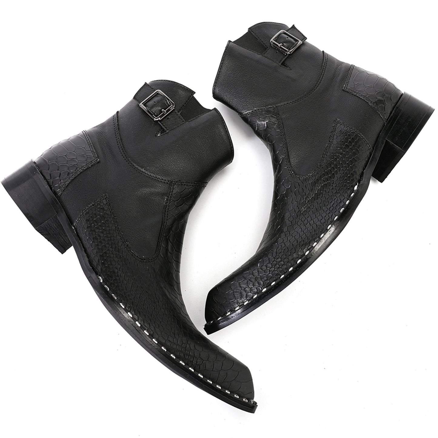 Mens Top-Grain Leather Snake-Embossed Western Ankle Boots