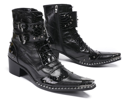 Mens Genuine Leather Metal Pointed Toe Belt Buckles Cowboy Western Boots