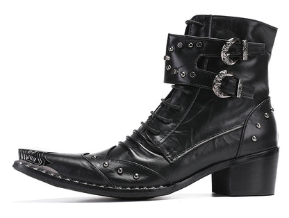 Mens Genuine Leather Metal Wingtip Toe Buckle Bead Details Cowboy Western Boots
