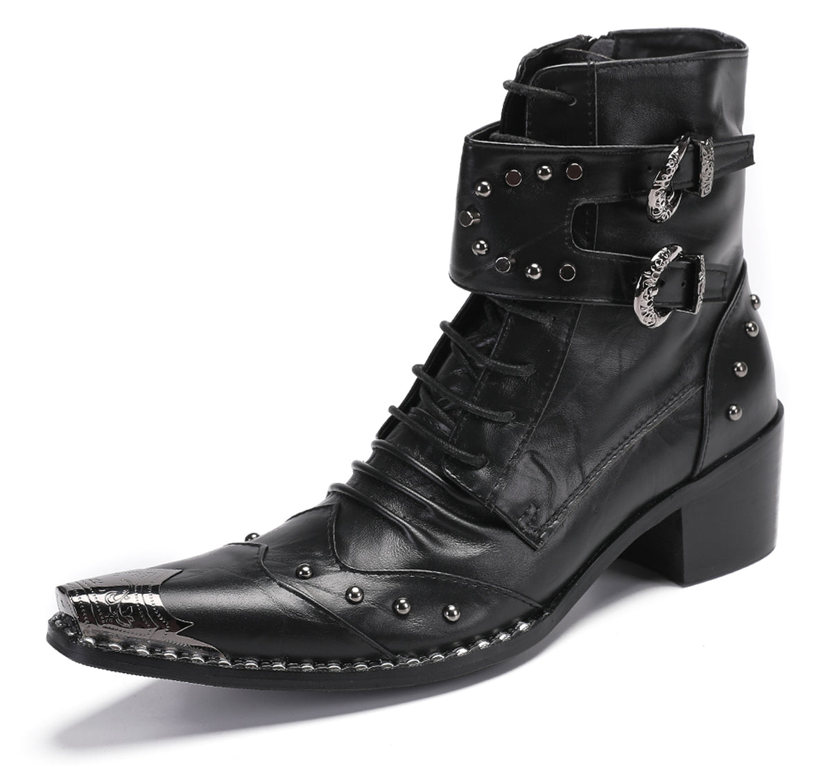 Mens Genuine Leather Metal Wingtip Toe Buckle Bead Details Cowboy Western Boots