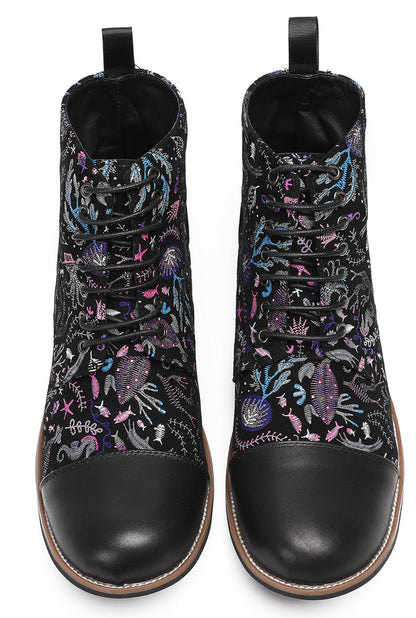 Mens Genuine Leather Embroidery Square Toe Oxfords Boots