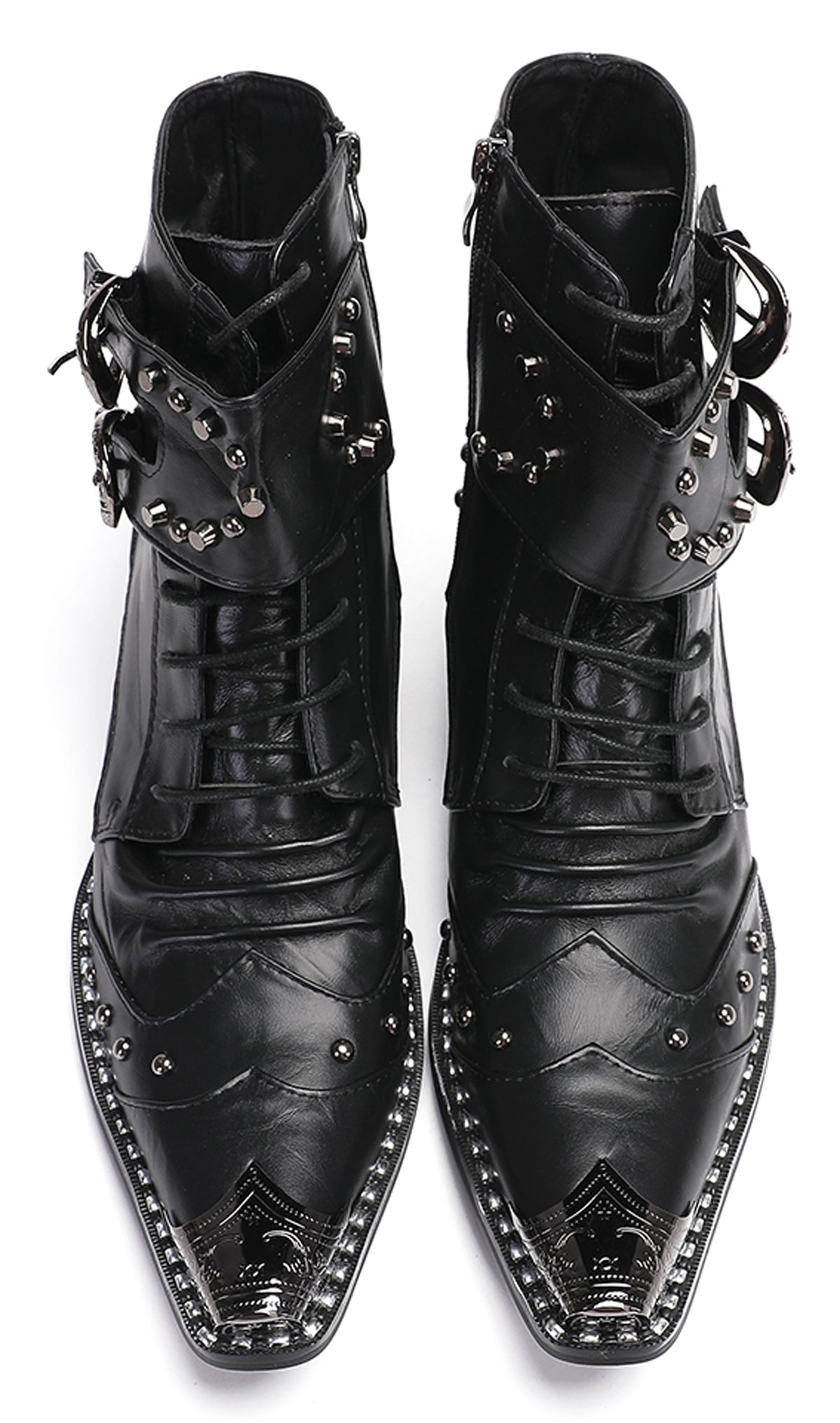 Mens Genuine Leather Metal Wingtip Toe Buckle Bead Details Cowboy Western Boots