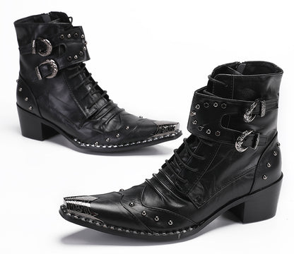 Mens Genuine Leather Metal Wingtip Toe Buckle Bead Details Cowboy Western Boots