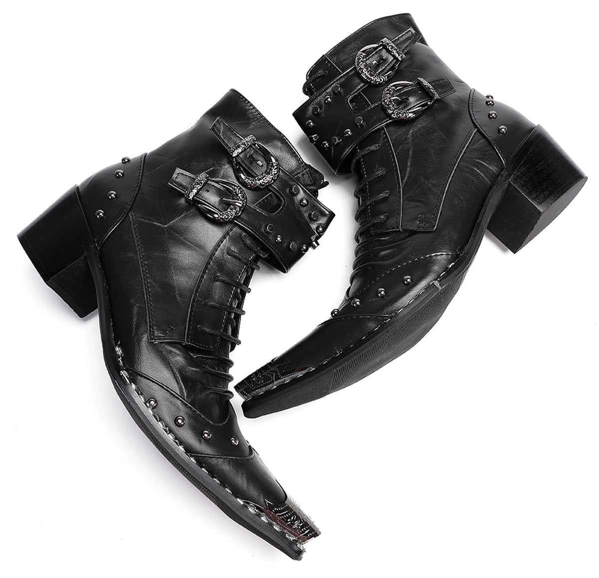 Mens Genuine Leather Metal Wingtip Toe Buckle Bead Details Cowboy Western Boots