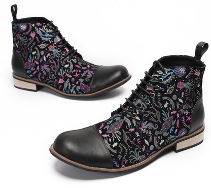 Mens Genuine Leather Embroidery Square Toe Oxfords Boots