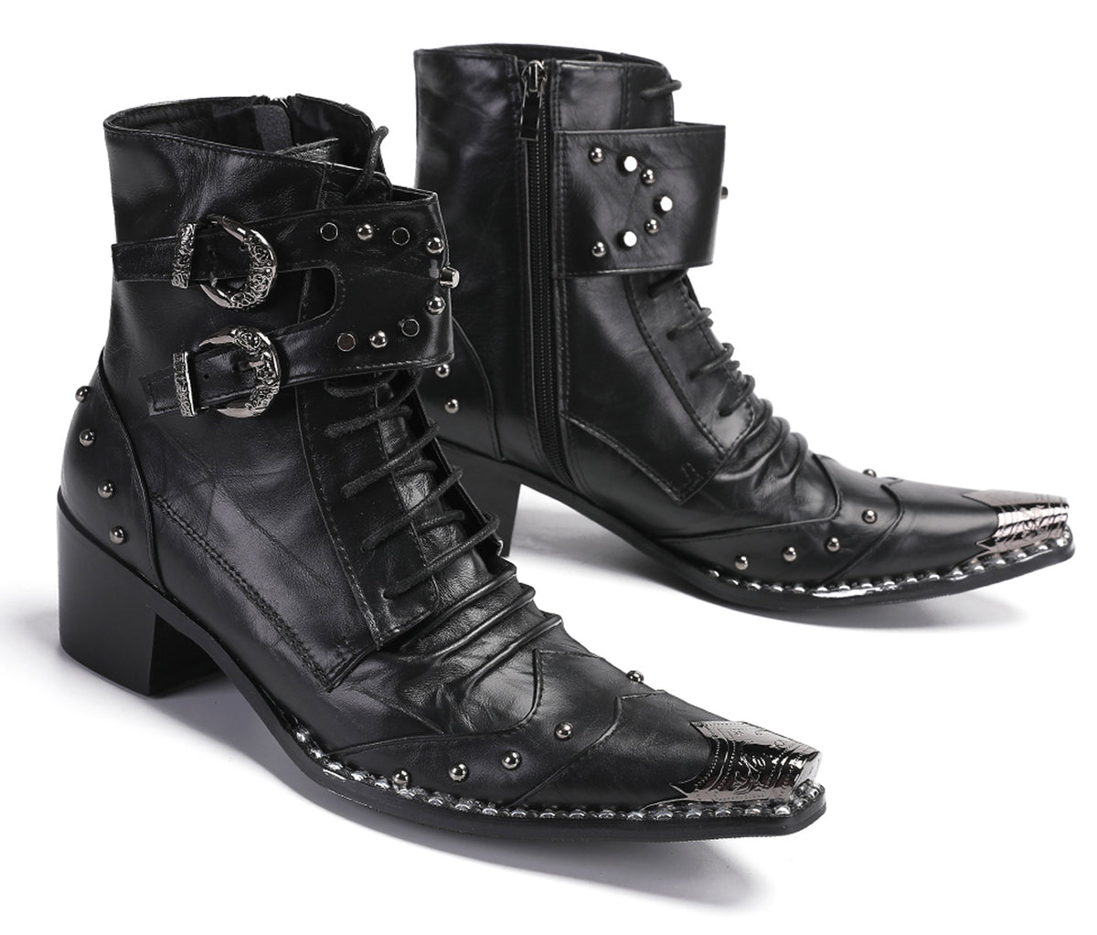 Mens Genuine Leather Metal Wingtip Toe Buckle Bead Details Cowboy Western Boots