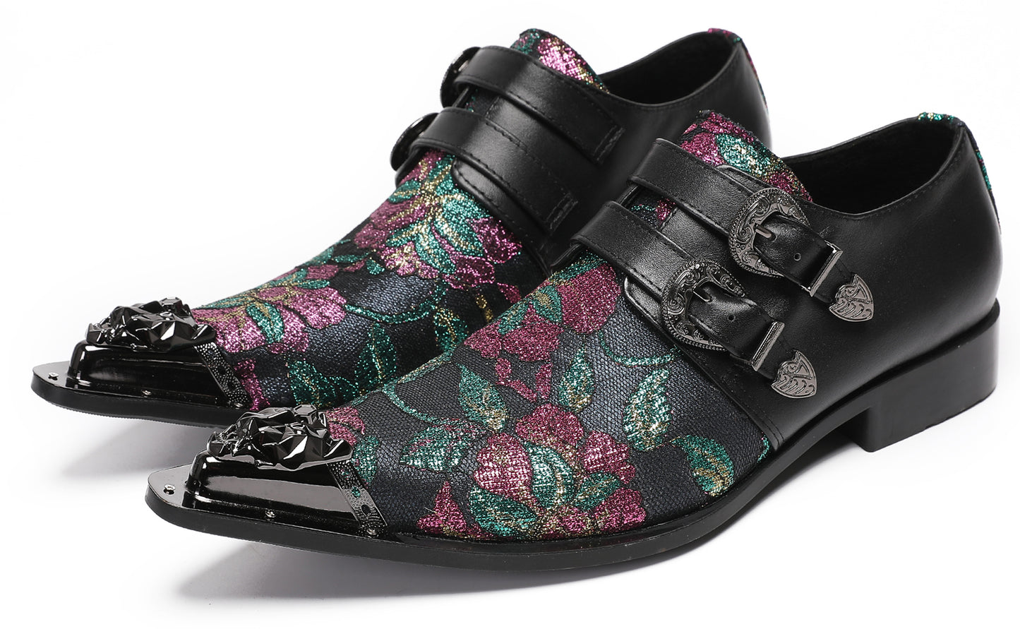 Mens Double Buckle Flower Embroidery Two-Tone Western Loafers