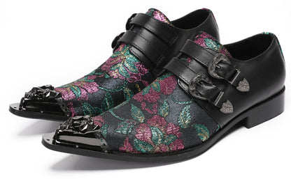 Mens Double Buckle Flower Embroidery Two-Tone Western Loafers