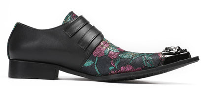 Mens Double Buckle Flower Embroidery Two-Tone Western Loafers