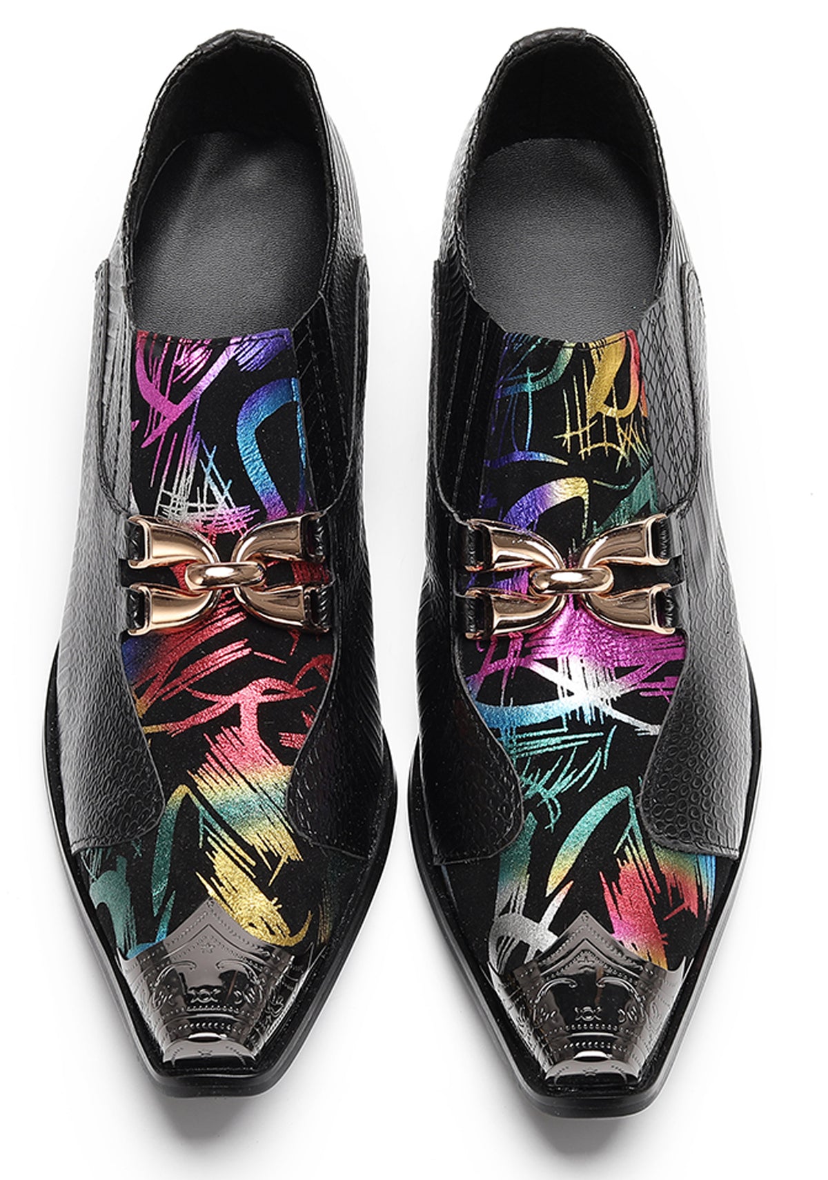 Mens Metal Tip Toe Chain Buckle Exotic Crocodile Pattern Western Loafers