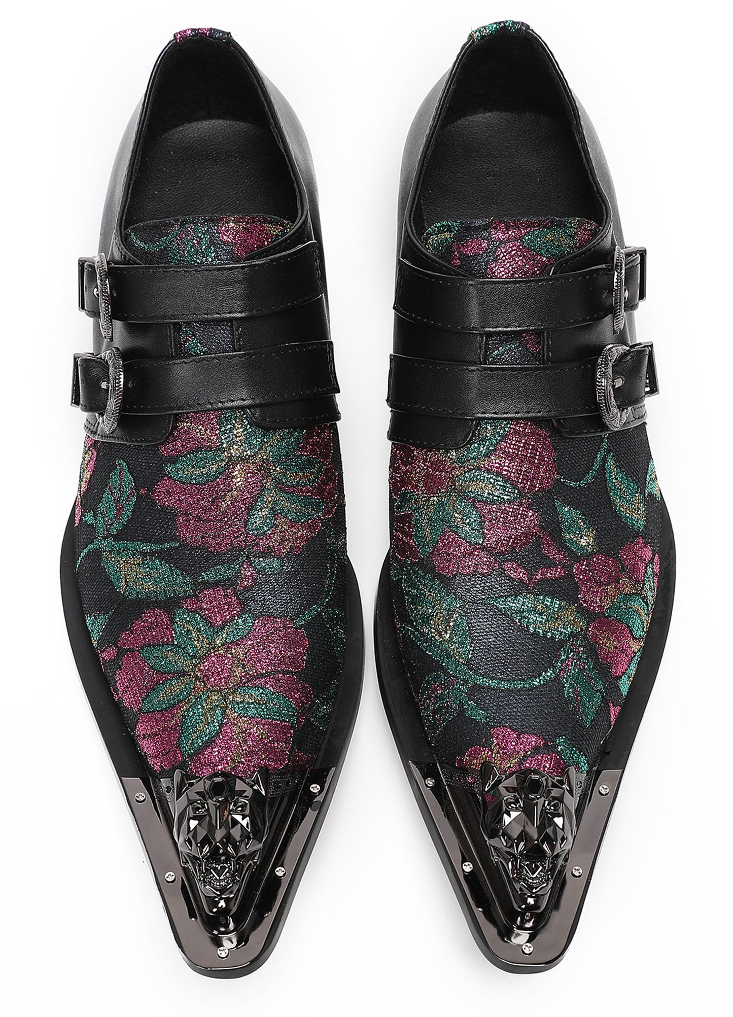Mens Double Buckle Flower Embroidery Two-Tone Western Loafers