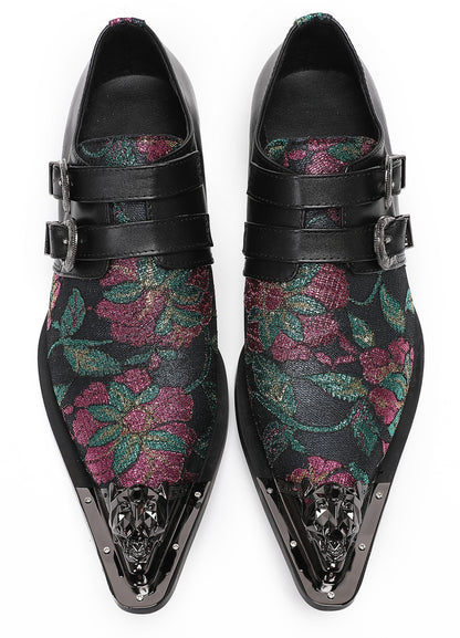 Mens Double Buckle Flower Embroidery Two-Tone Western Loafers