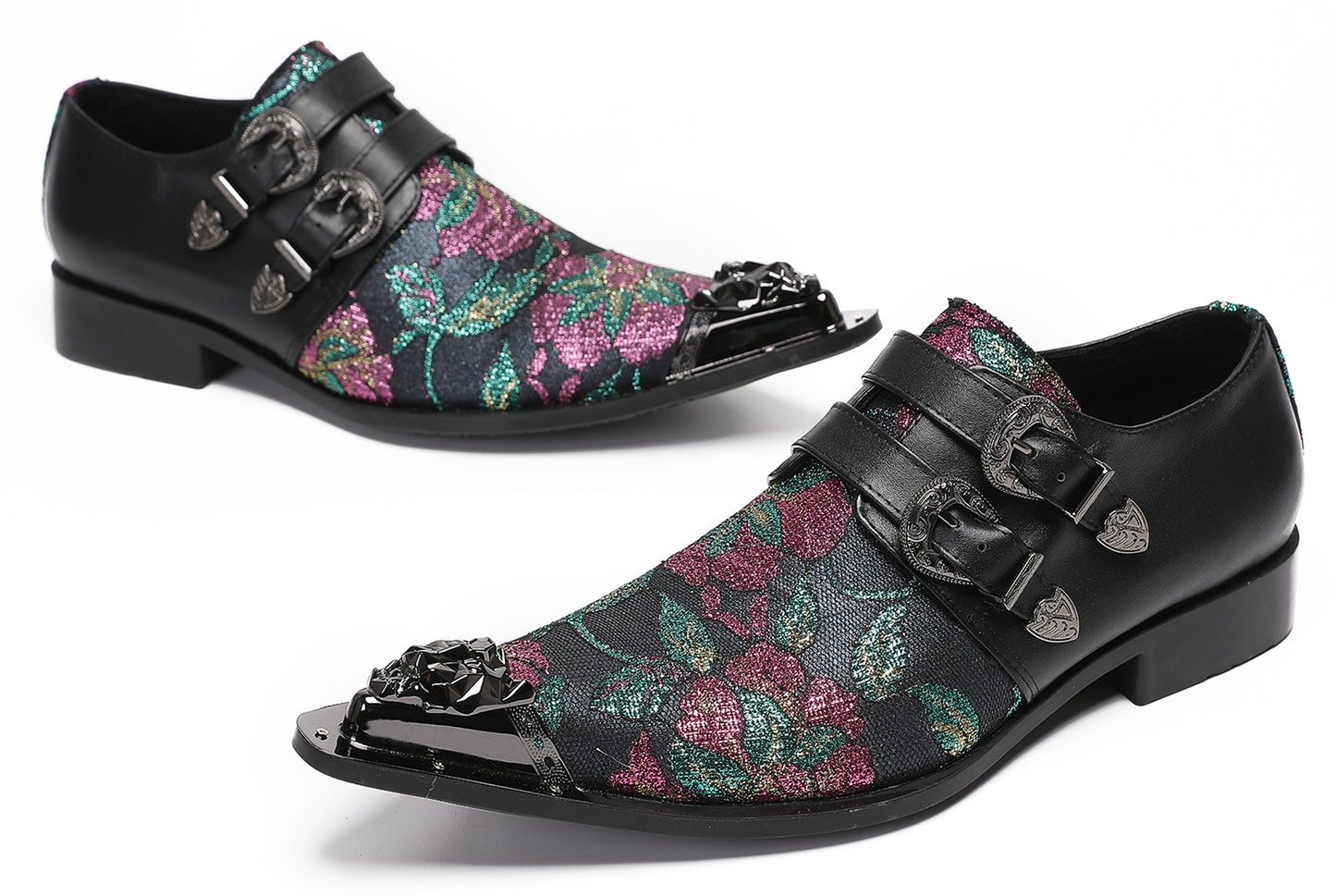 Mens Double Buckle Flower Embroidery Two-Tone Western Loafers