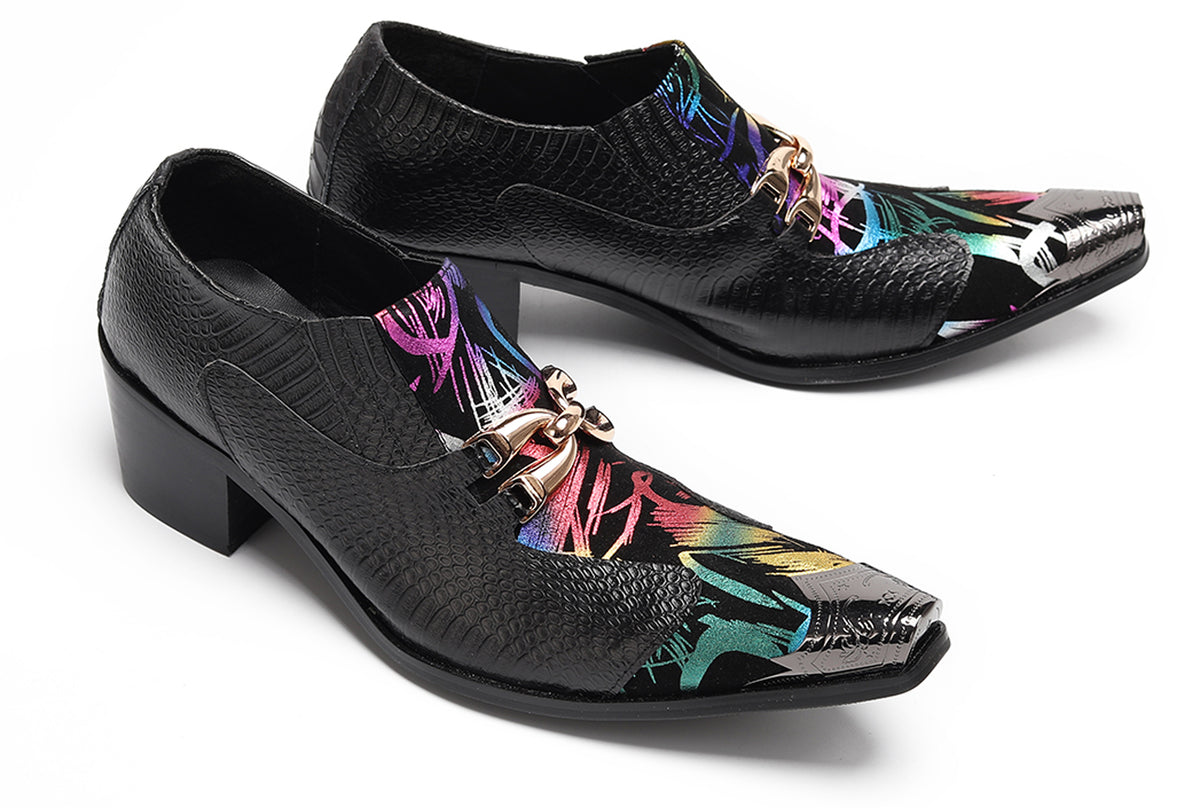 Mens Metal Tip Toe Chain Buckle Exotic Crocodile Pattern Western Loafers