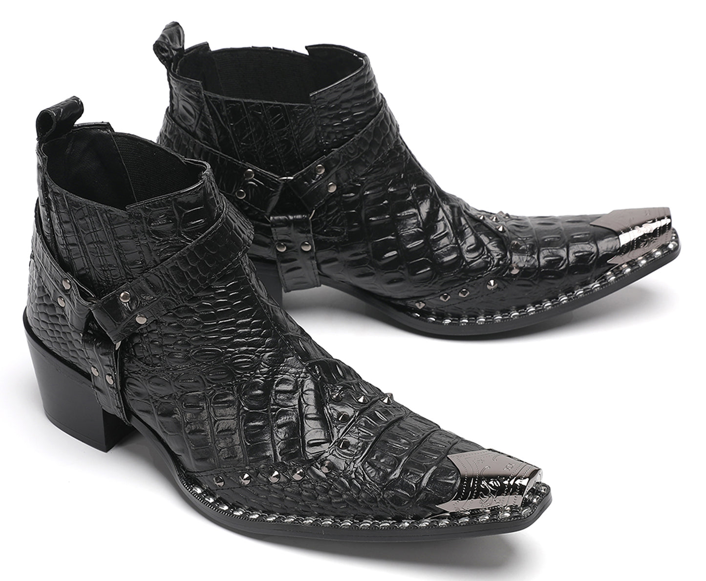 Mens Metallic Detail Snakeskin Abstract Print Ankle Western Boots