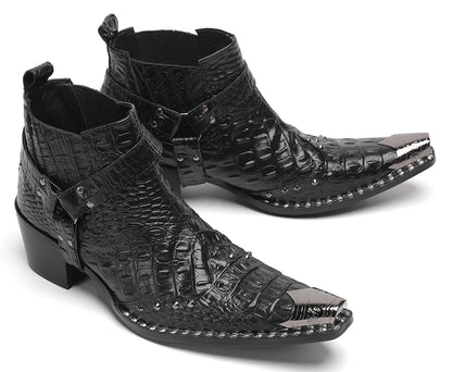 Mens Metallic Detail Snakeskin Abstract Print Ankle Western Boots