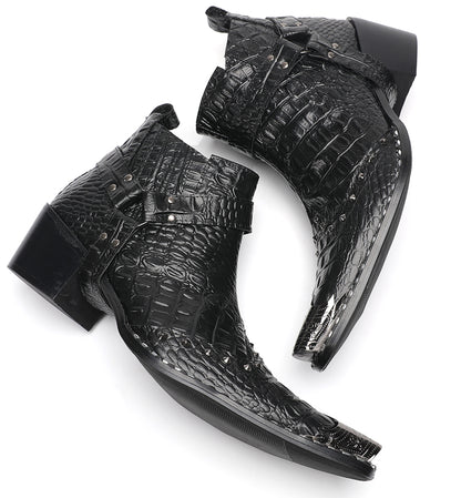 Mens Metallic Detail Snakeskin Abstract Print Ankle Western Boots