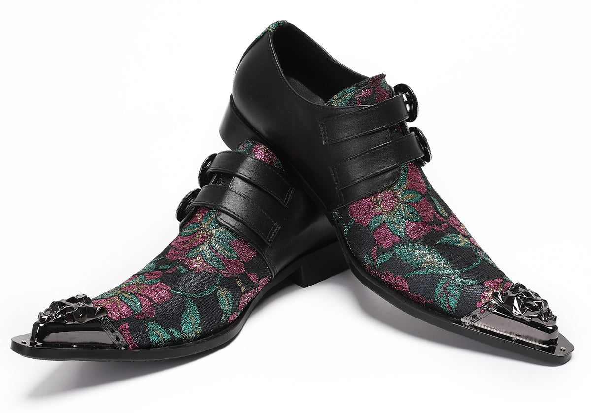 Mens Double Buckle Flower Embroidery Two-Tone Western Loafers