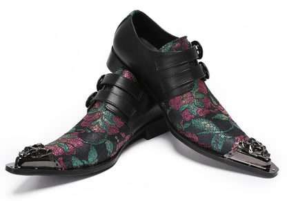 Mens Double Buckle Flower Embroidery Two-Tone Western Loafers