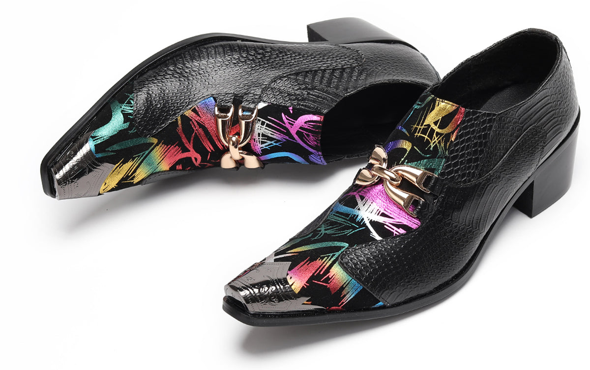 Mens Metal Tip Toe Chain Buckle Exotic Crocodile Pattern Western Loafers