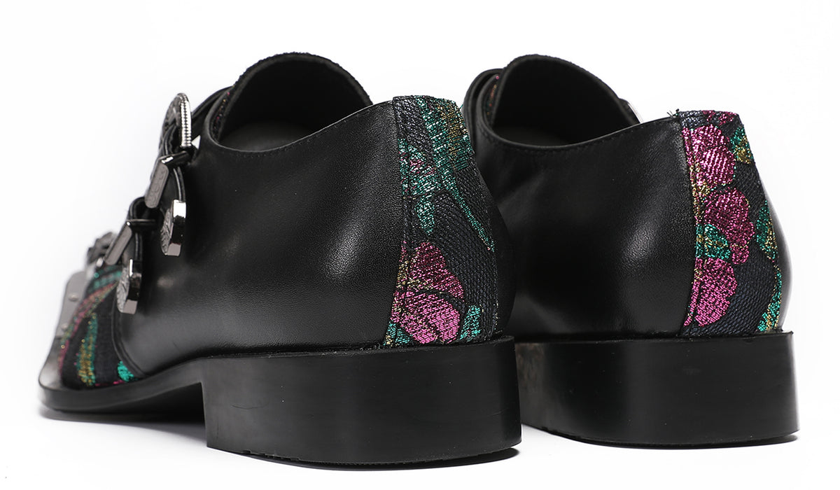 Mens Double Buckle Flower Embroidery Two-Tone Western Loafers