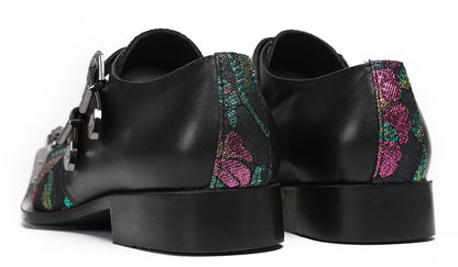 Mens Double Buckle Flower Embroidery Two-Tone Western Loafers