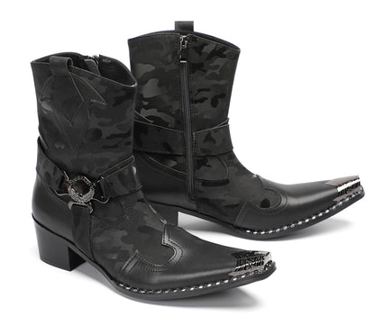 Mens Top-Grain Leather High Top Western Cowboy Boots