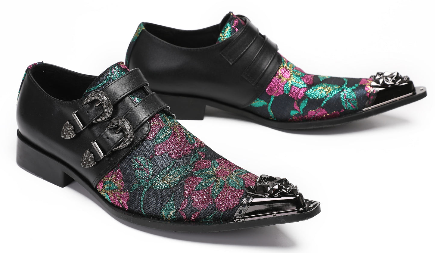Mens Double Buckle Flower Embroidery Two-Tone Western Loafers