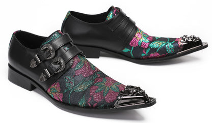 Mens Double Buckle Flower Embroidery Two-Tone Western Loafers