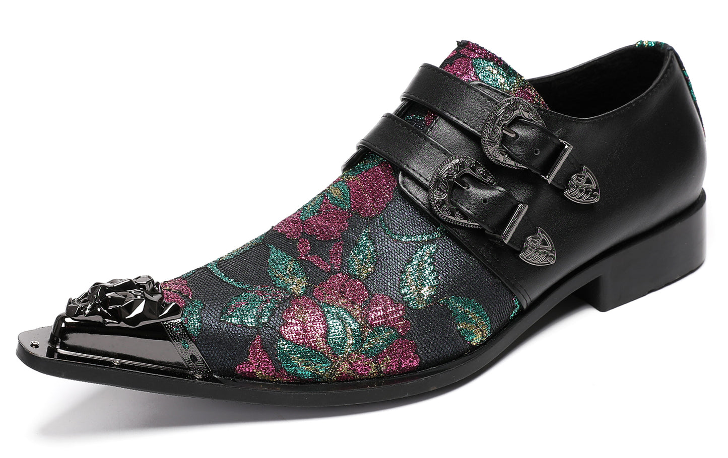 Mens Double Buckle Flower Embroidery Two-Tone Western Loafers
