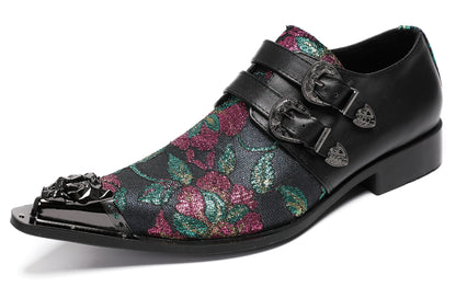 Mens Double Buckle Flower Embroidery Two-Tone Western Loafers