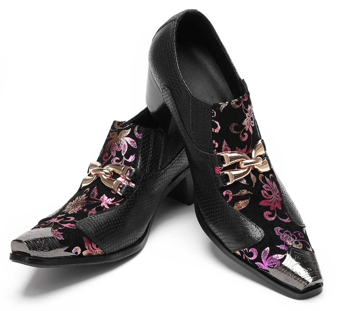 Mens Metal Tip Toe Chain Buckle Exotic Crocodile Pattern Western Loafers