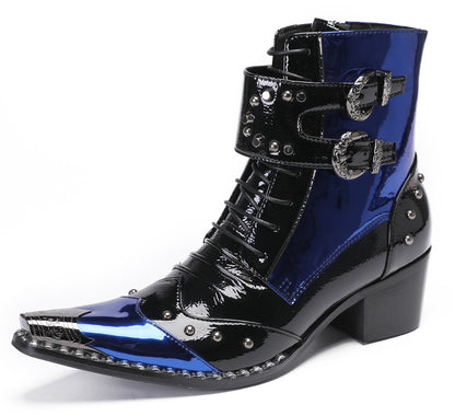 Mens Genuine Leather Metal Wingtip Toe Buckle Bead Details Cowboy Western Boots