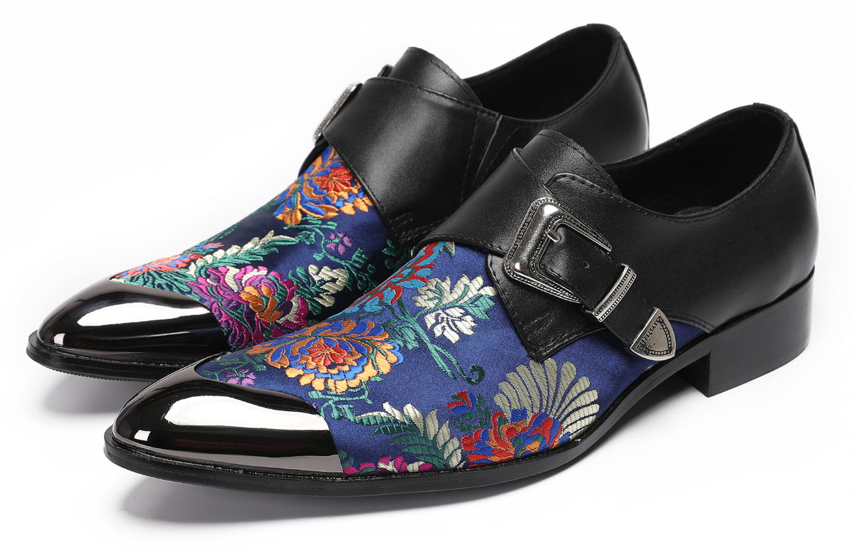 Mens Flower Embroidery Two-Tone Monk Strap Western Loafers