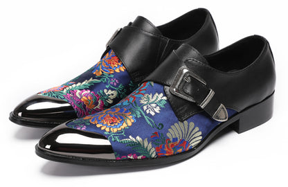 Mens Flower Embroidery Two-Tone Monk Strap Western Loafers