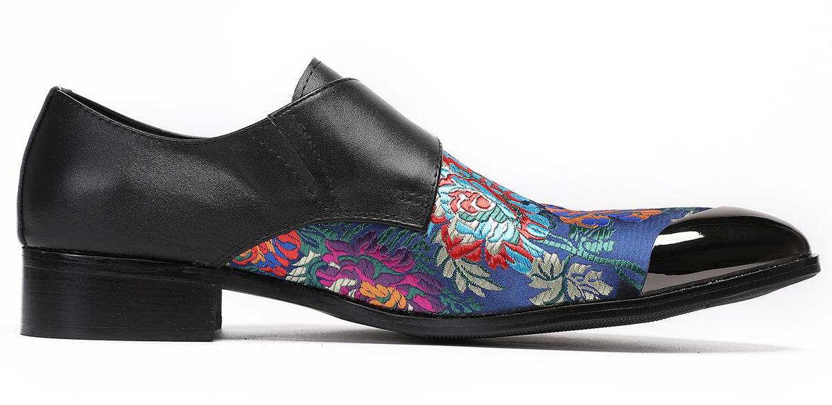 Mens Flower Embroidery Two-Tone Monk Strap Western Loafers