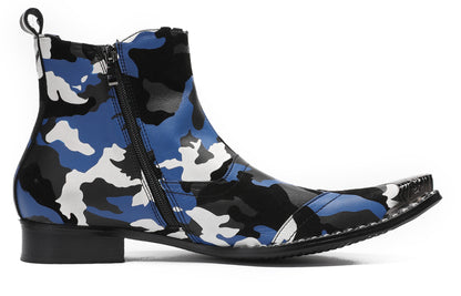 Mens Genuine Leather Metal Pointed Toe Side Zipper Ankle Western Boots
