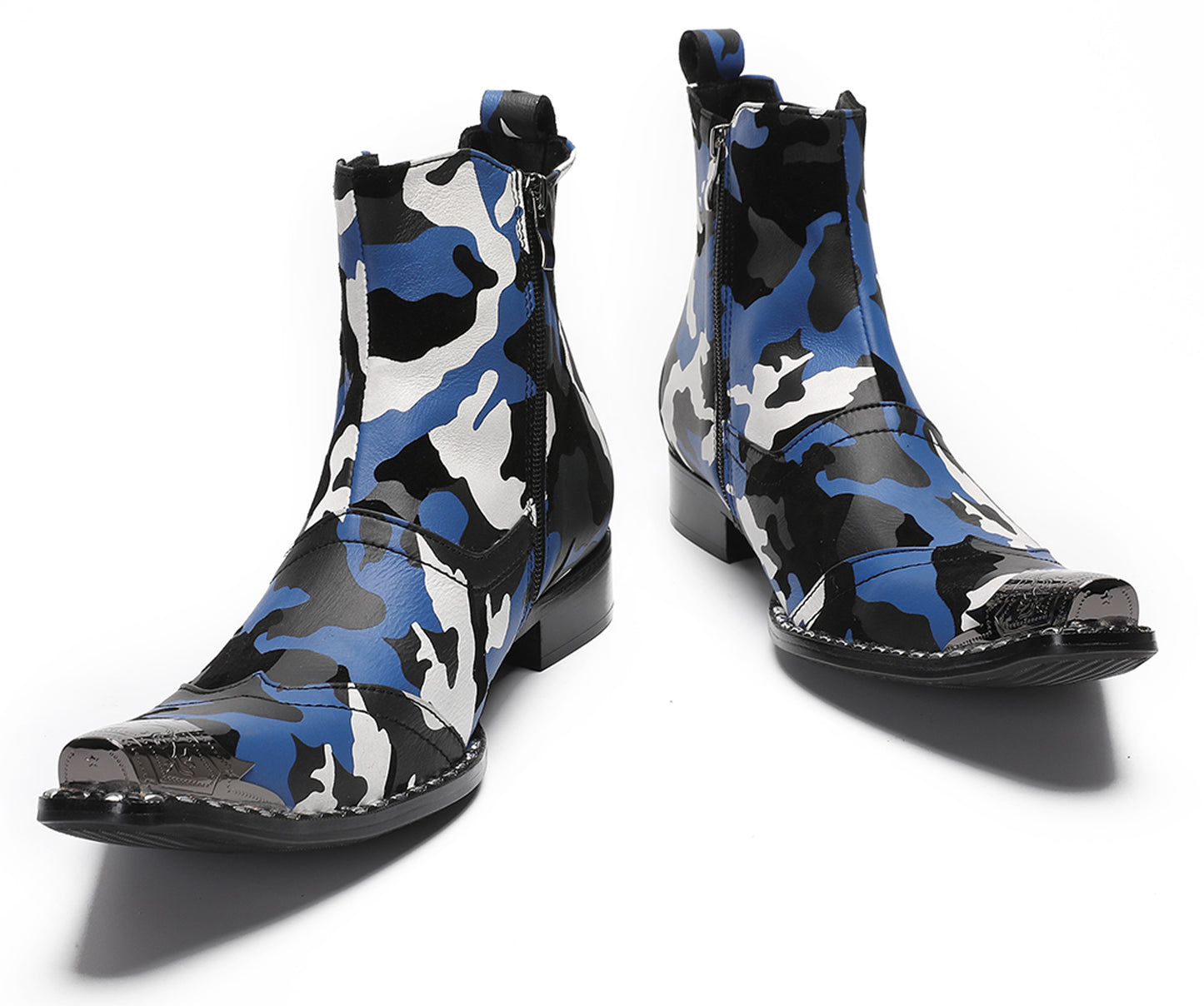 Mens Genuine Leather Metal Pointed Toe Side Zipper Ankle Western Boots
