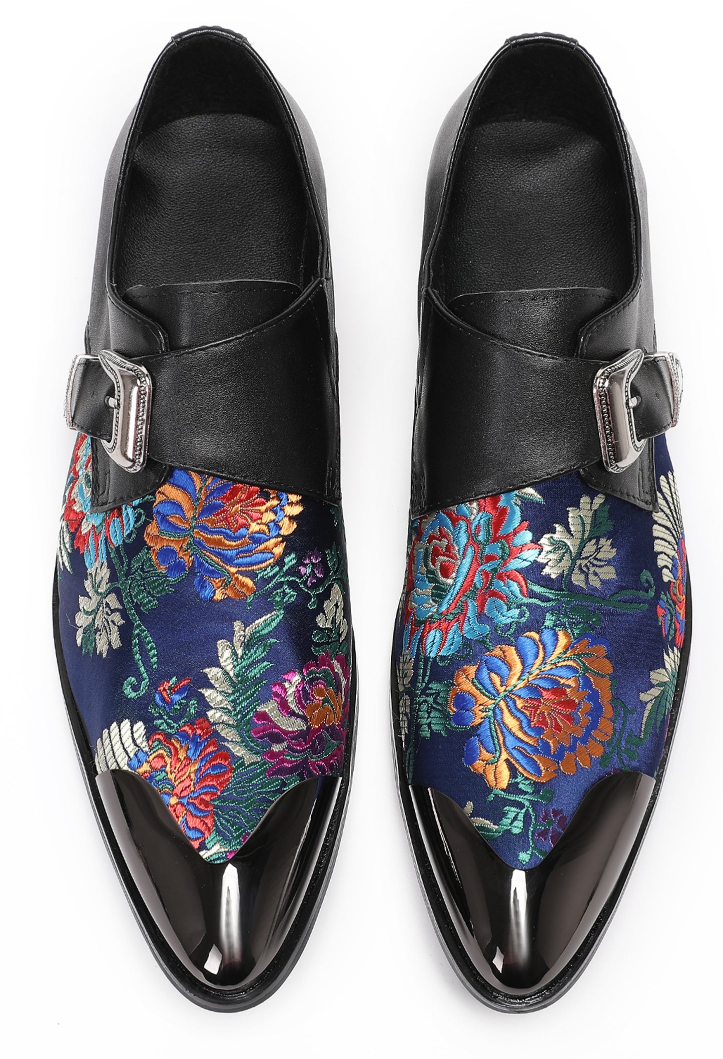 Mens Flower Embroidery Two-Tone Monk Strap Western Loafers