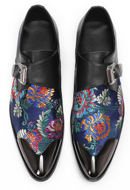 Mens Flower Embroidery Two-Tone Monk Strap Western Loafers