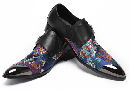 Mens Flower Embroidery Two-Tone Monk Strap Western Loafers