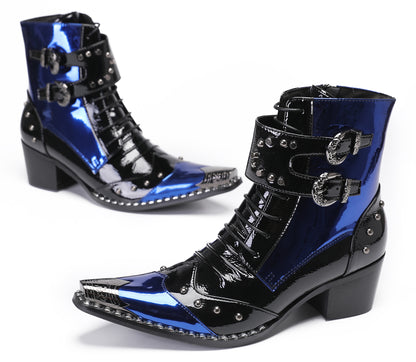 Mens Genuine Leather Metal Wingtip Toe Buckle Bead Details Cowboy Western Boots