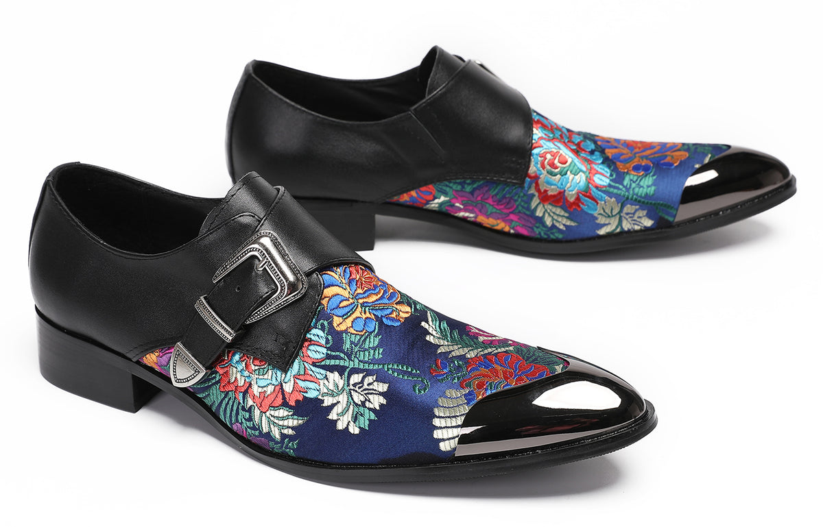 Mens Flower Embroidery Two-Tone Monk Strap Western Loafers