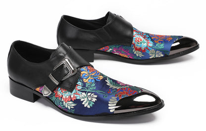 Mens Flower Embroidery Two-Tone Monk Strap Western Loafers