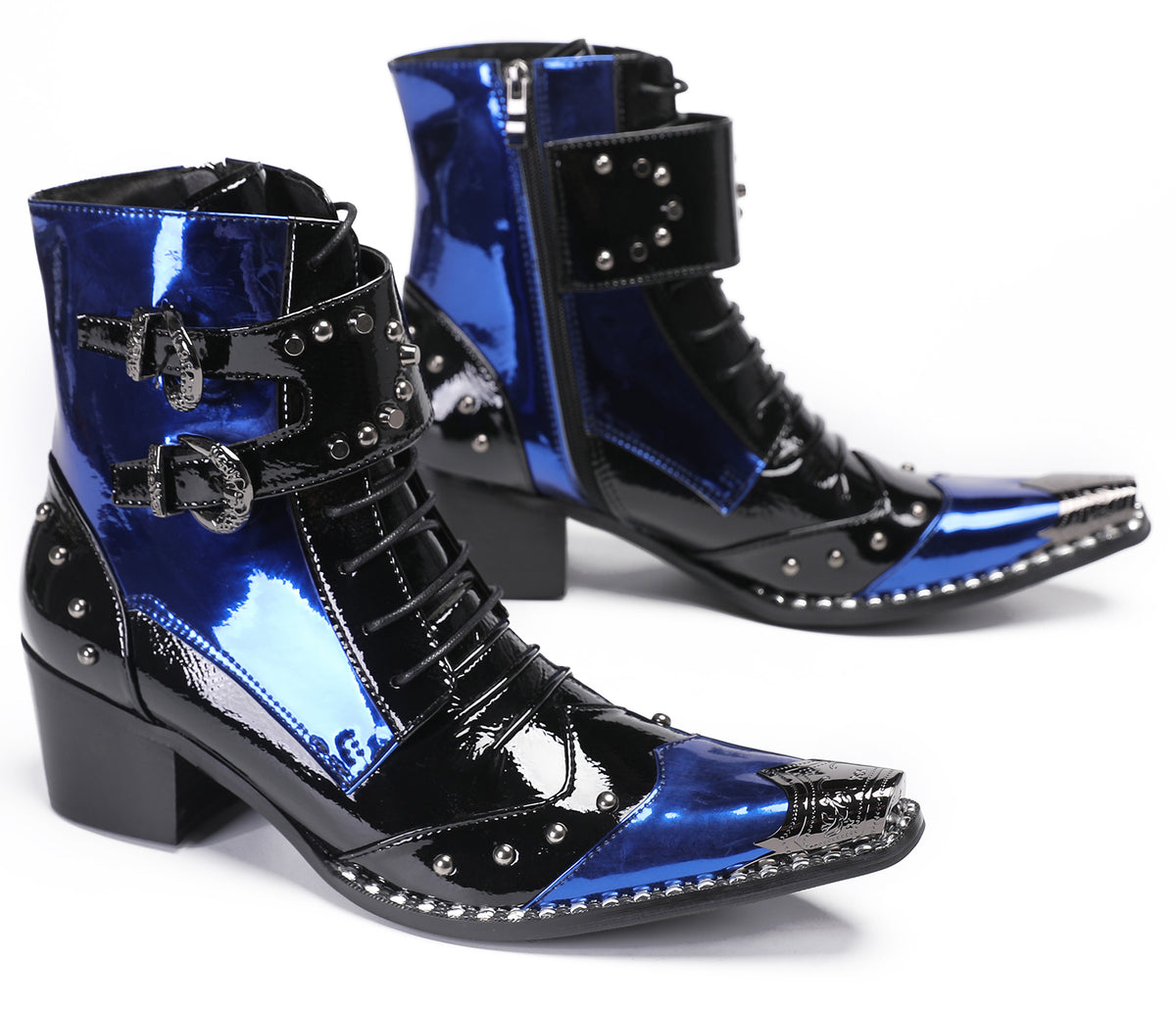 Mens Genuine Leather Metal Wingtip Toe Buckle Bead Details Cowboy Western Boots