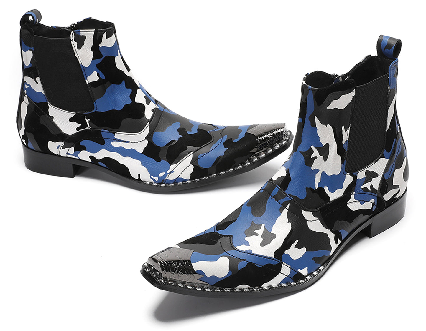 Mens Genuine Leather Metal Pointed Toe Side Zipper Ankle Western Boots