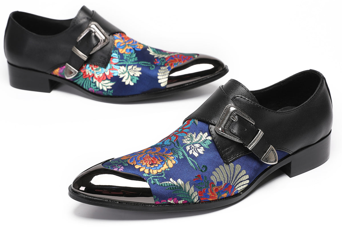 Mens Flower Embroidery Two-Tone Monk Strap Western Loafers