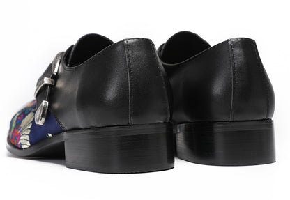Mens Flower Embroidery Two-Tone Monk Strap Western Loafers