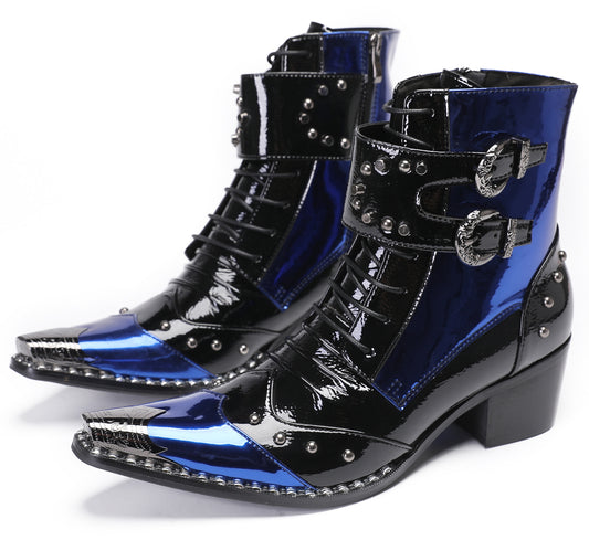 Mens Genuine Leather Metal Wingtip Toe Buckle Bead Details Cowboy Western Boots